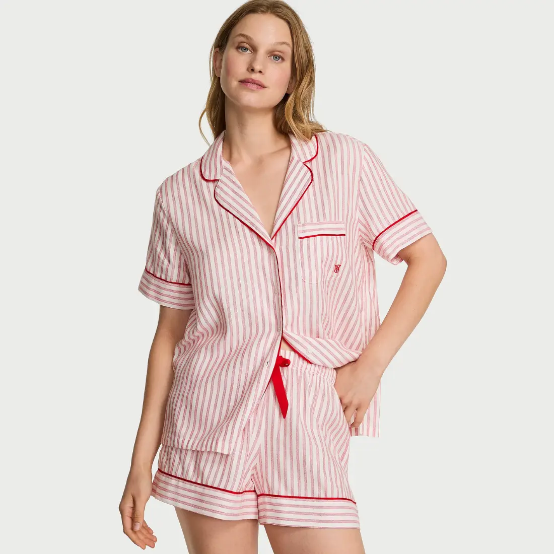 Фланелева піжама Victoria's Secret White Red Stripes шорти