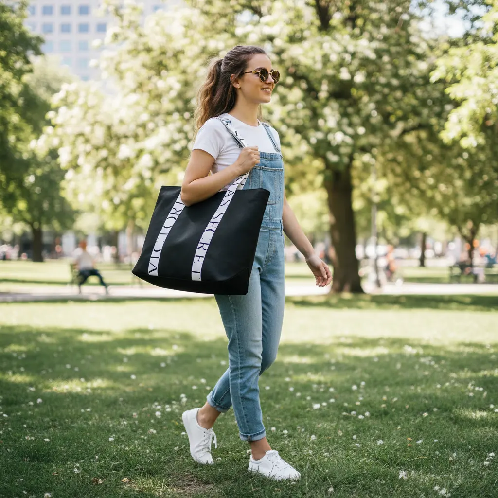 Дівчина з сумкою Victoria's Secret Canvas Tote Black з лого на ручках
