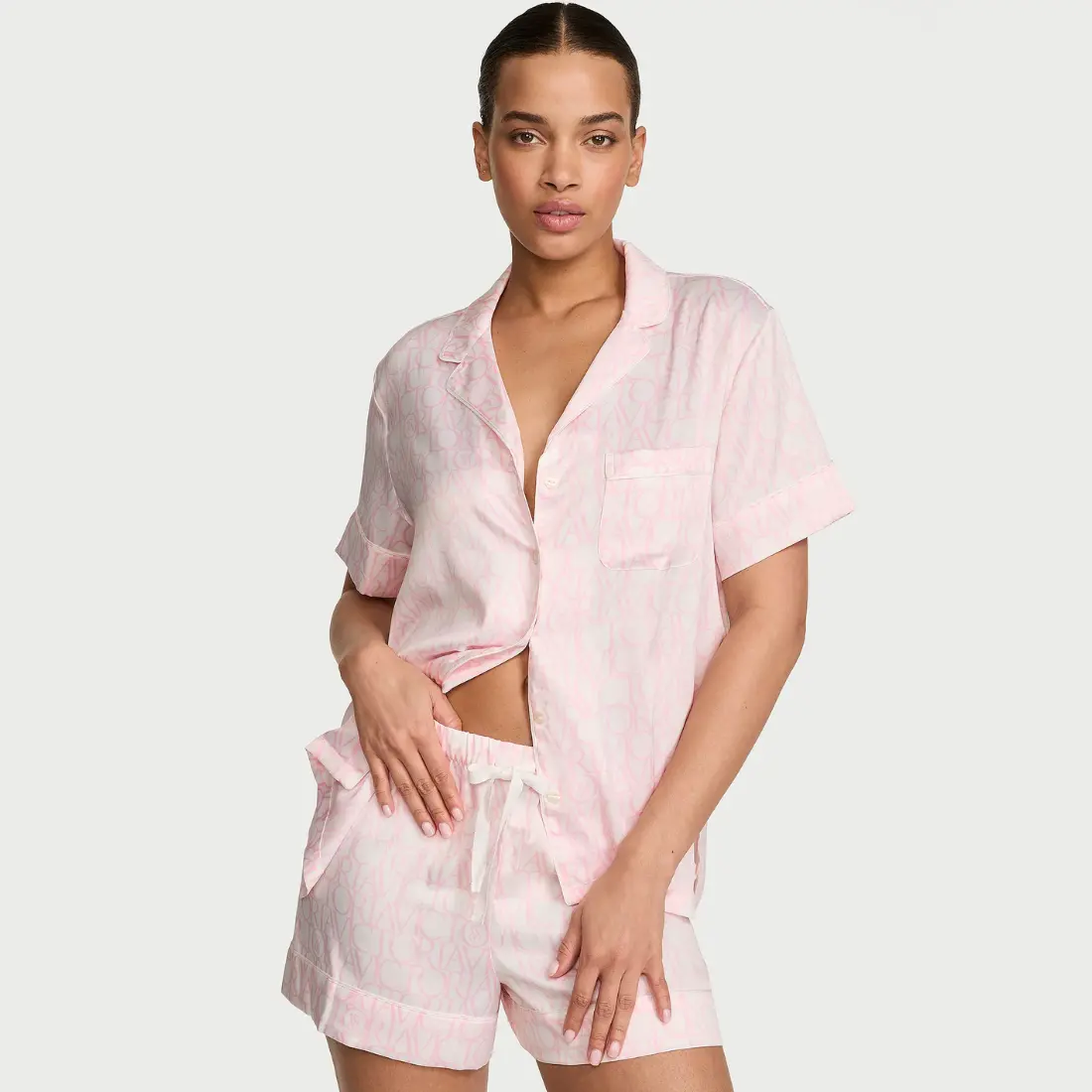 Сатинова піжама VS Coconut White and Pink Logos з шортами
