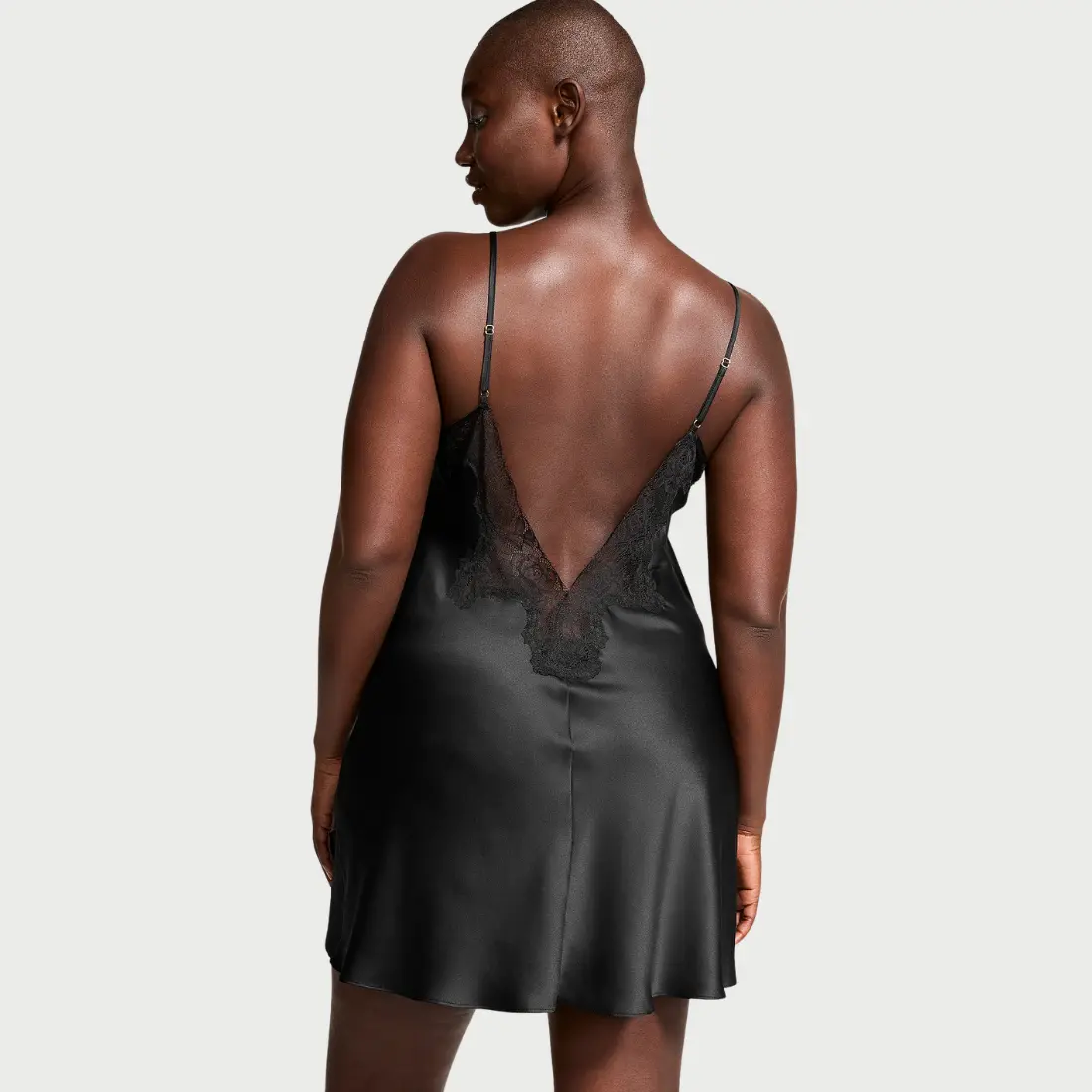 Сатинова сорочка VS Satin Rose Lace-Trim Mini Slip Black