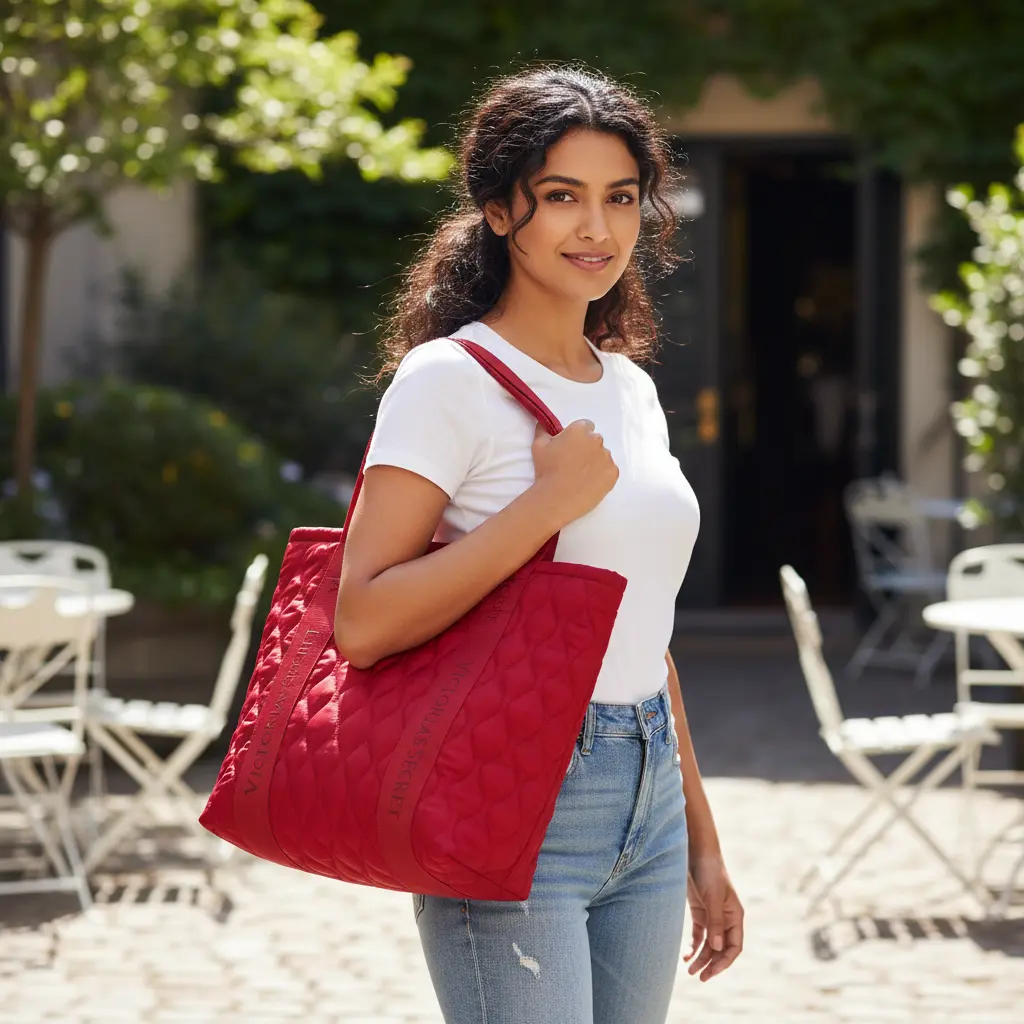 Дівчина тримає червоний шопер Quilted Tote Bag