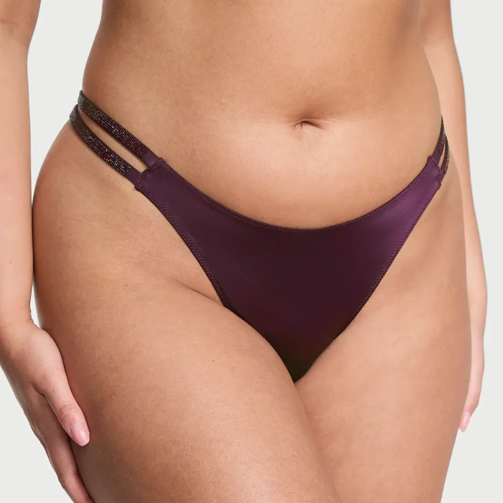 Бордові жіночі трусики стрінги Victoria's Secret Double Shine Strap Winter Wine з подвійними блискучими ремінцями та стразами
