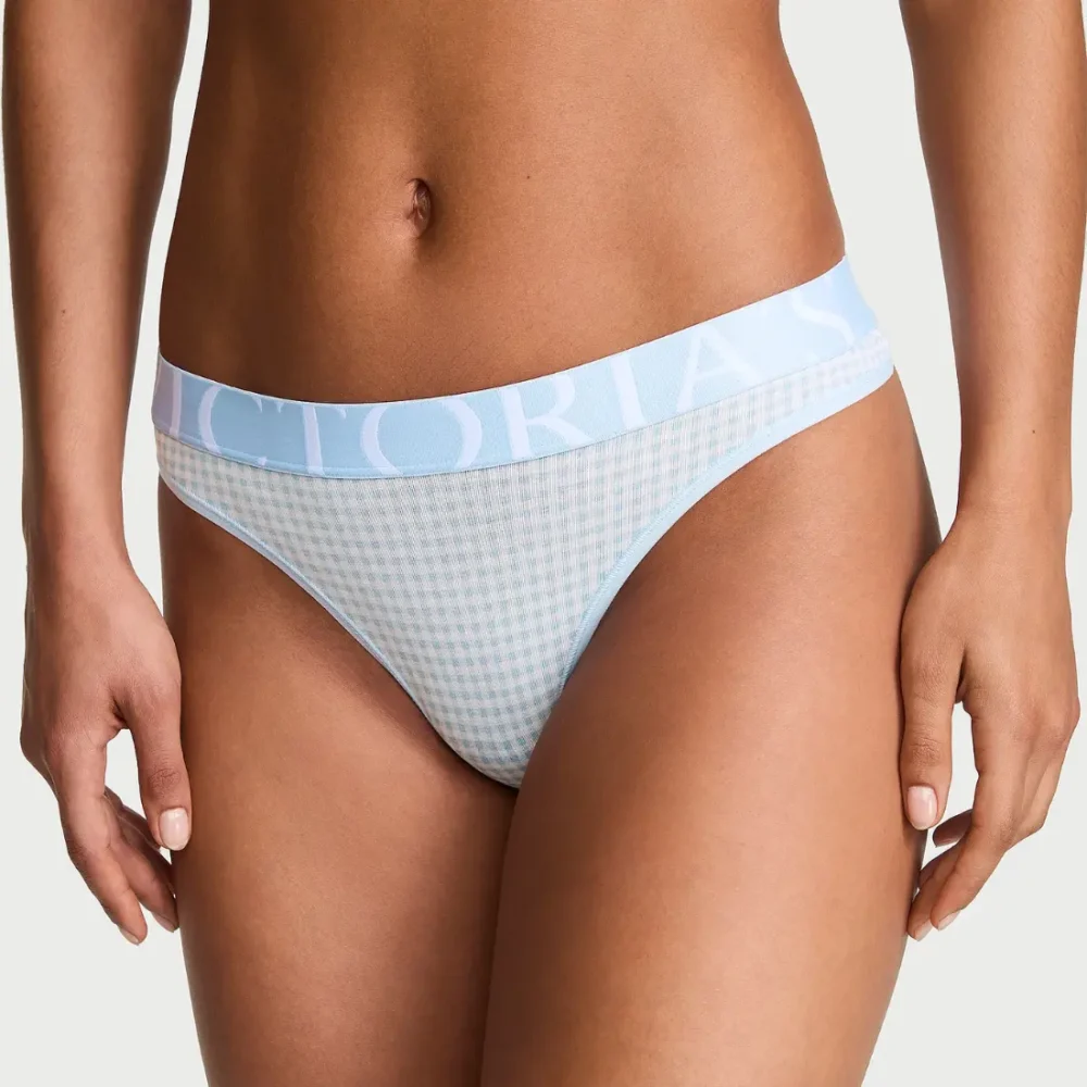 Бавовняні жіночі трусики стрінги Victoria's Secret Cotton Exploded Logo Thong Panty Linen Blue Gingham блакитні в клітинку