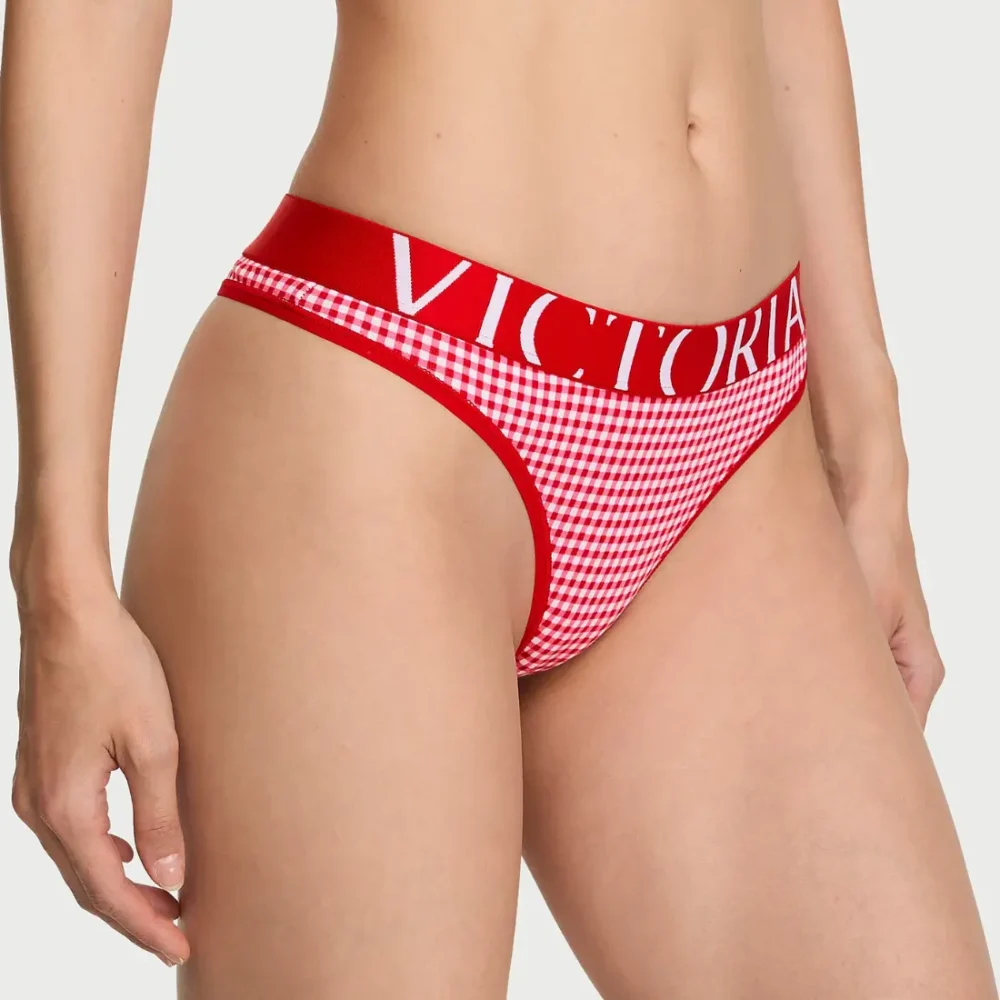 Бавовняні жіночі трусики стрінги Victoria's Secret Cotton Exploded Logo Thong Panty Lipstick Gingham червоні в клітинку