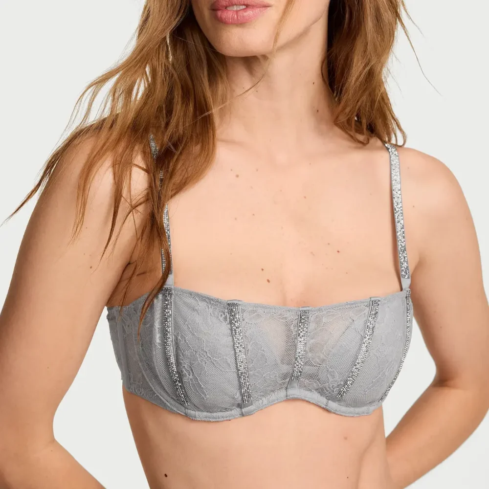Мереживний бюстгальтер бандо зі стразами Victoria's Secret Rose Lace Gradient Shine Strap Bandeau Bra Sterling сірий