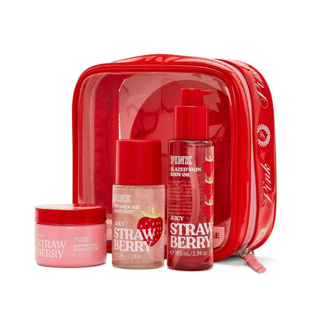 Подарунковий дорожній набір косметики Victoria's Secret PINK Let's Glow Away Shimmer Travel Set Juicy Strawberry