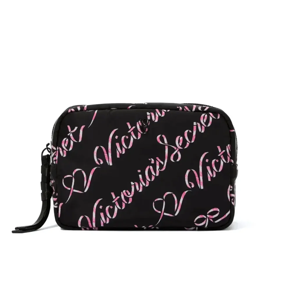 Чорна косметичка з рожевим принтом Victoria's Secret Boxy Case Candycane Script