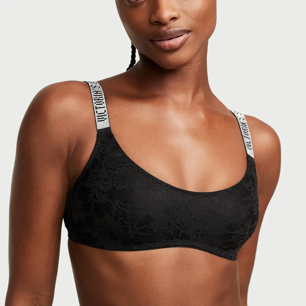 Чорний мереживний бюстгальтер балконет зі стразами Victoria's Secret Very Sexy вигляд спереду