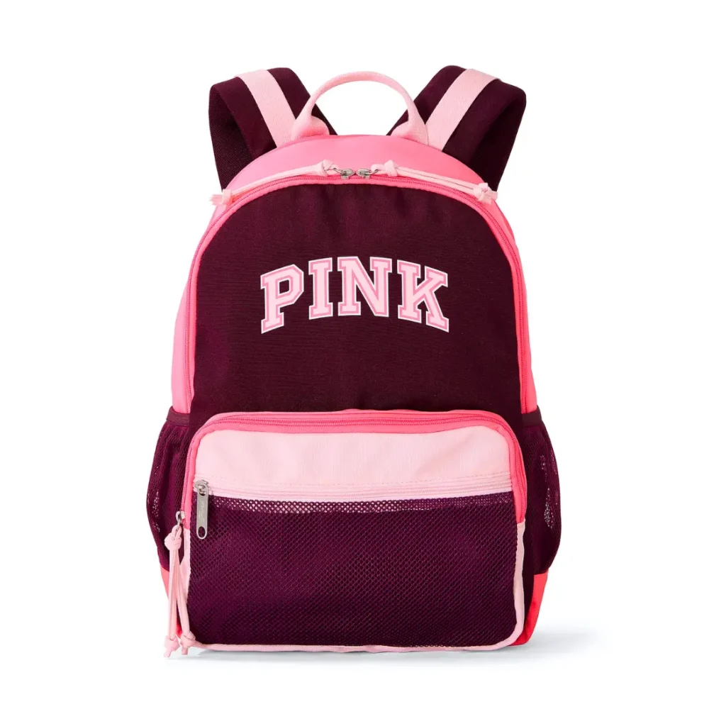 Рюкзак Victoria's Secret PINK Campus 18L бордовий із рожевим логотипом вигляд спереду