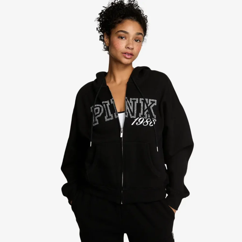 Чорне худі на блискавці Victoria's Secret PINK Campus Fleece з графічним принтом на грудях