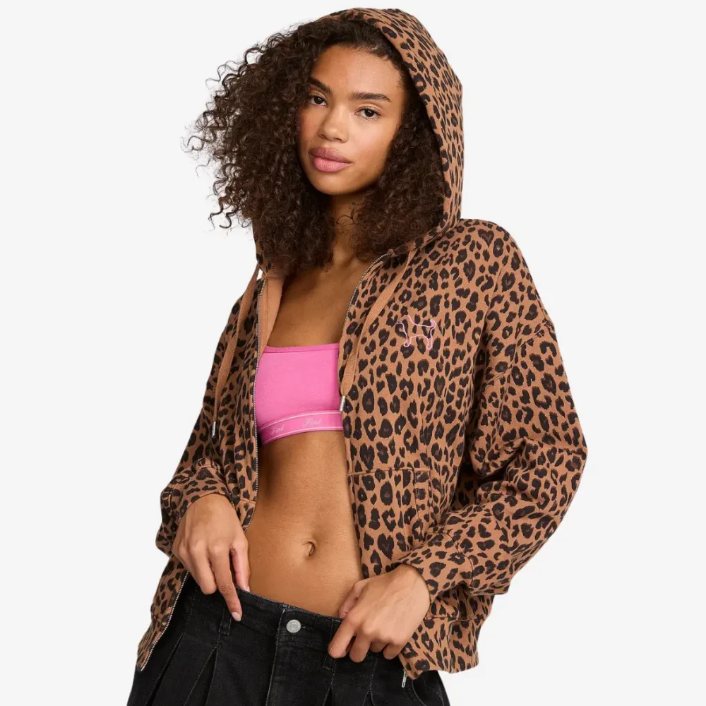 Жіноче спортивне худі на блискавці Victoria's Secret PINK Campus Fleece з леопардовим принтом