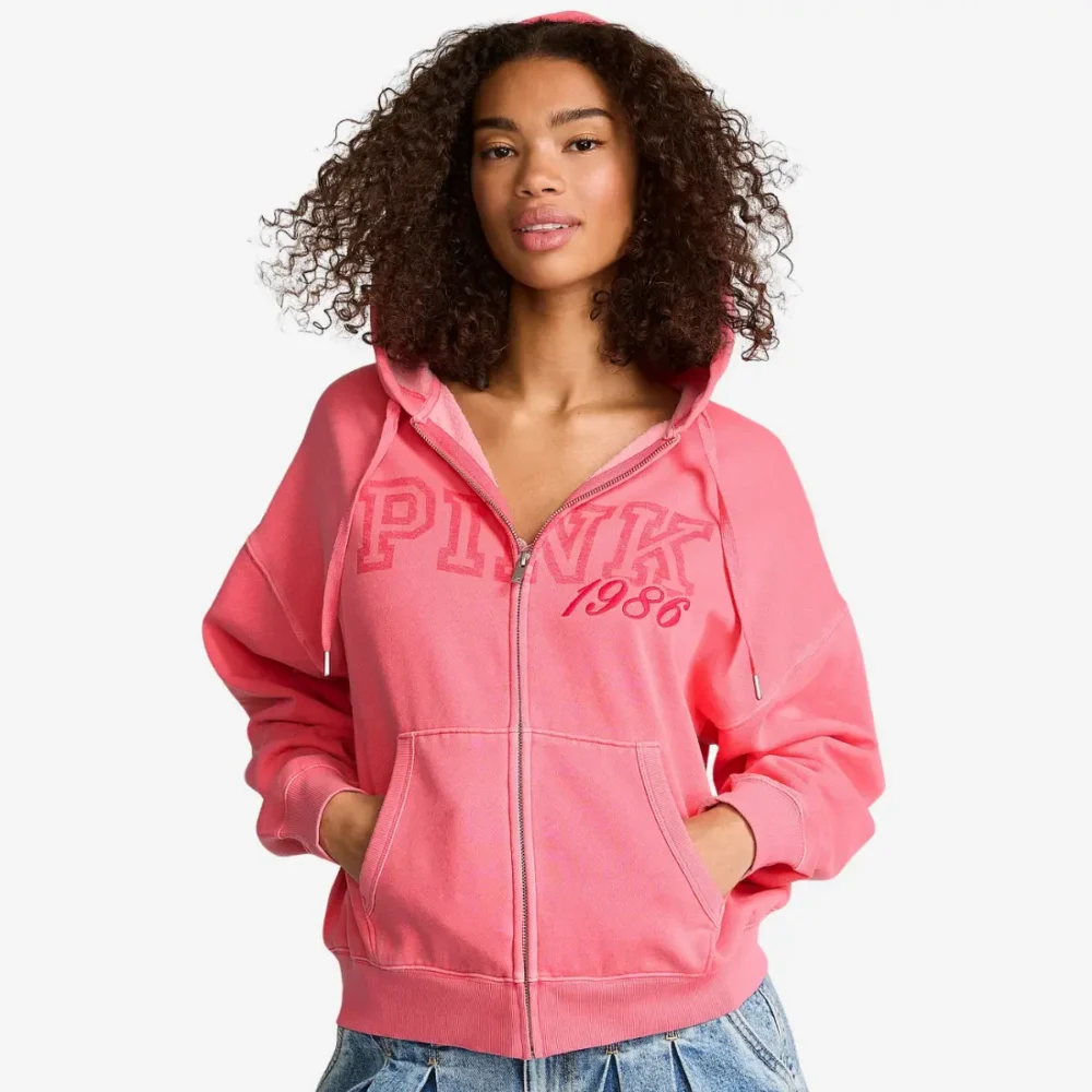 Рожеве спортивне худі на блискавці Victoria's Secret PINK Campus Fleece з написом PINK 1986