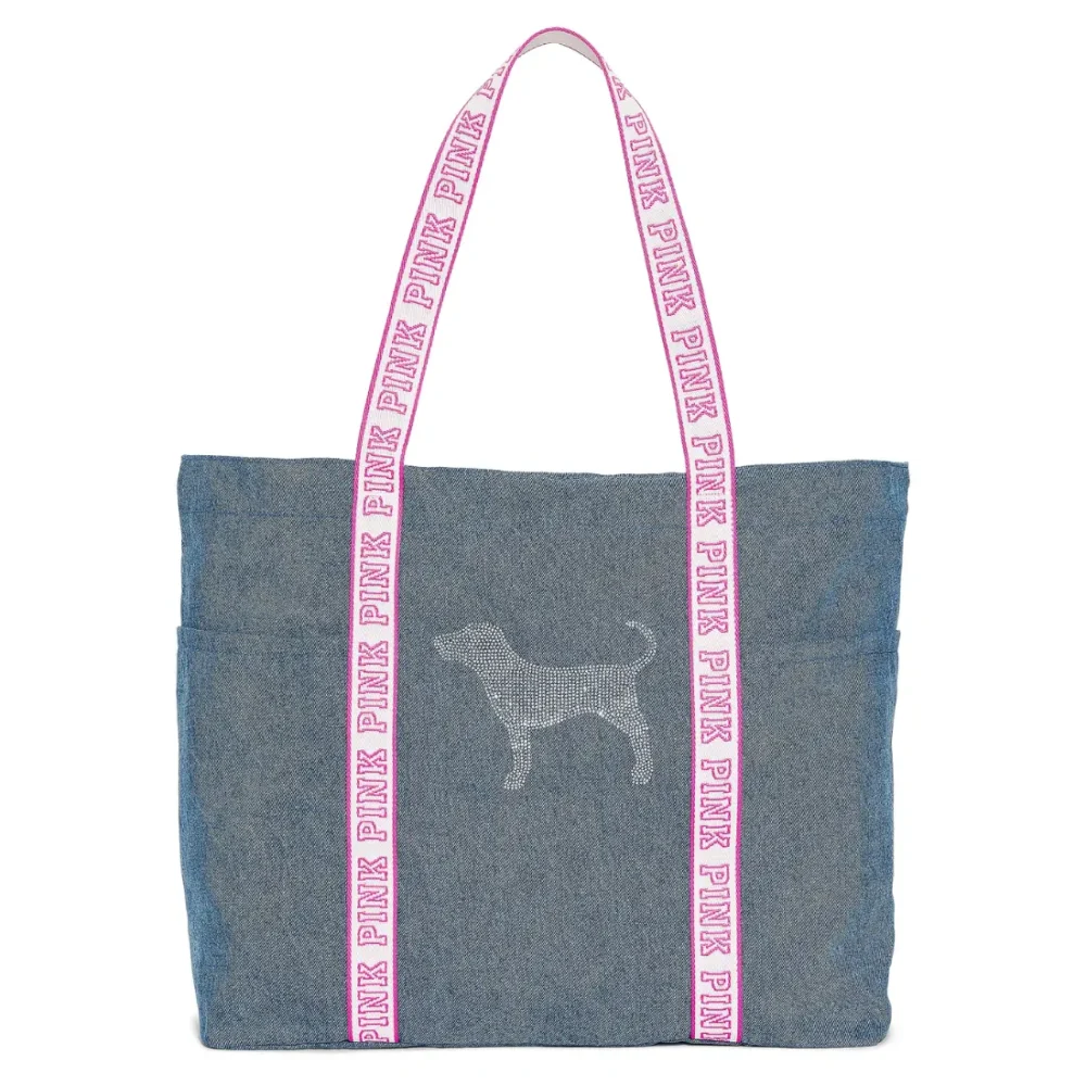 Джинсова сумка-тоут PINK Victoria's Secret Diamanté Tote Bag Denim з собачкою зі стразів вид спереду