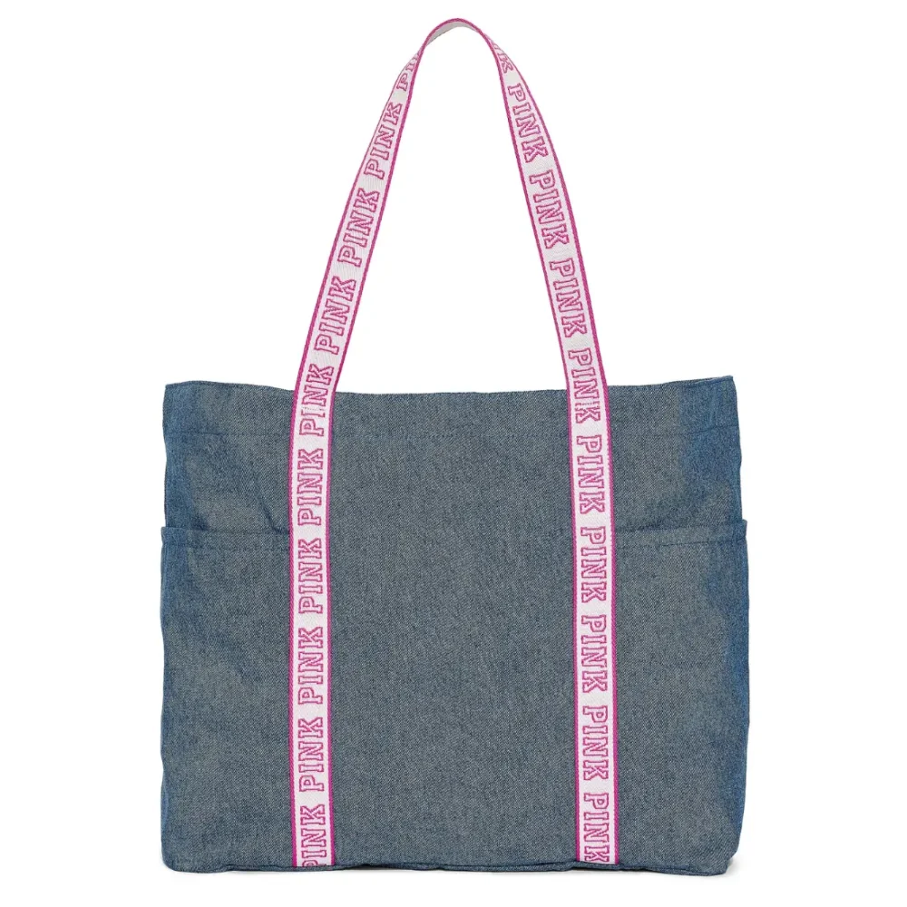 Джинсова сумка-тоут PINK Victoria's Secret Diamanté Tote Bag Denim з рожевими ручками вид ззаду