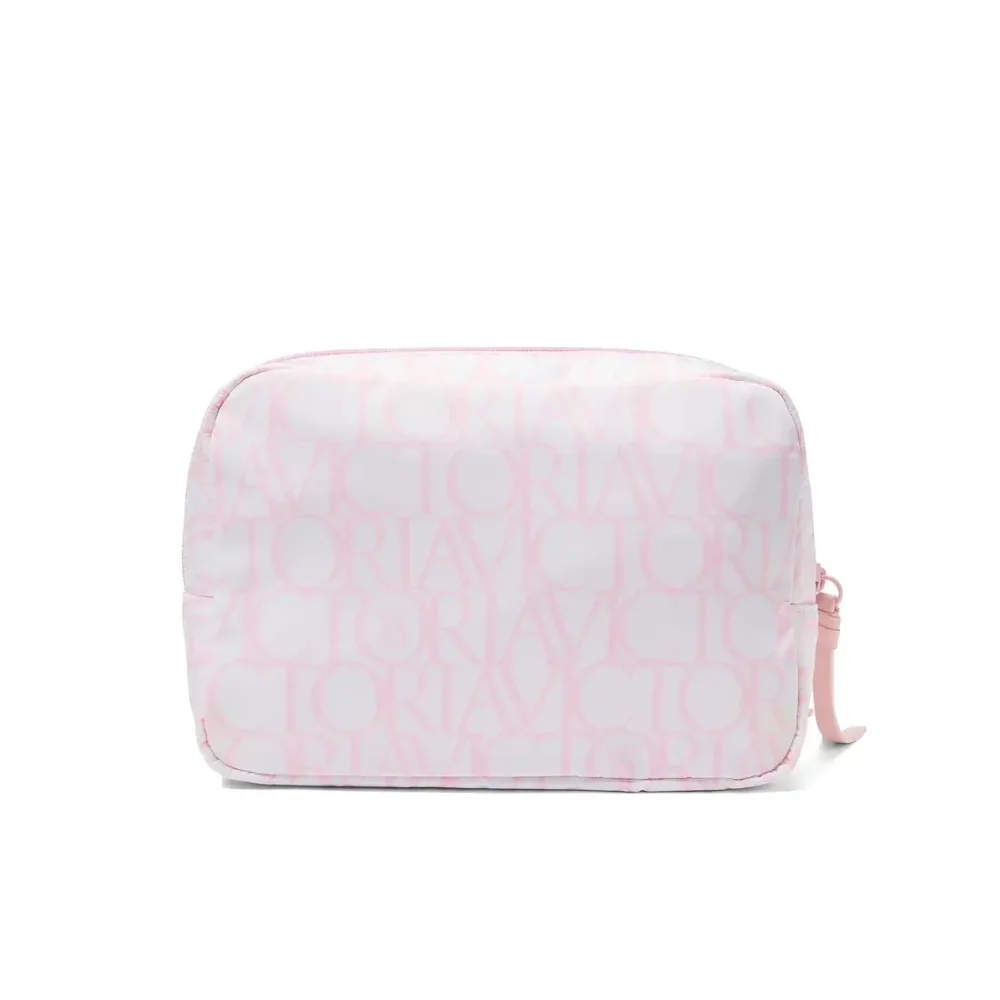 Текстильна косметичка Victoria's Secret Travel Makeup Pouch Victoria Script з рожевими написами логотипу вид ззаду