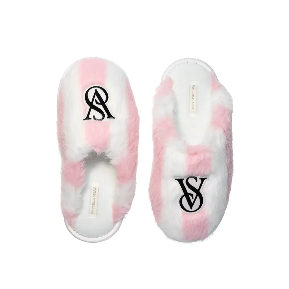 Рожево-білі хутряні капці Victoria's Secret Luxe Plush Closed-Toe Slippers Heritage Stripe Logo вид зверху