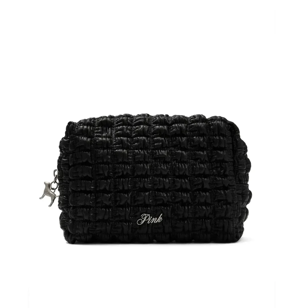 Чорна косметичка PINK Victoria's Secret Top-Zip Makeup Bag з підвіскою-собачкою вид спереду