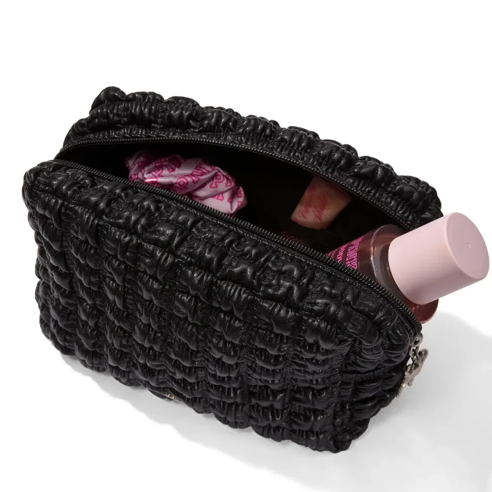 Відкрита чорна косметичка PINK Victoria's Secret Top-Zip Makeup Bag з косметикою всередині