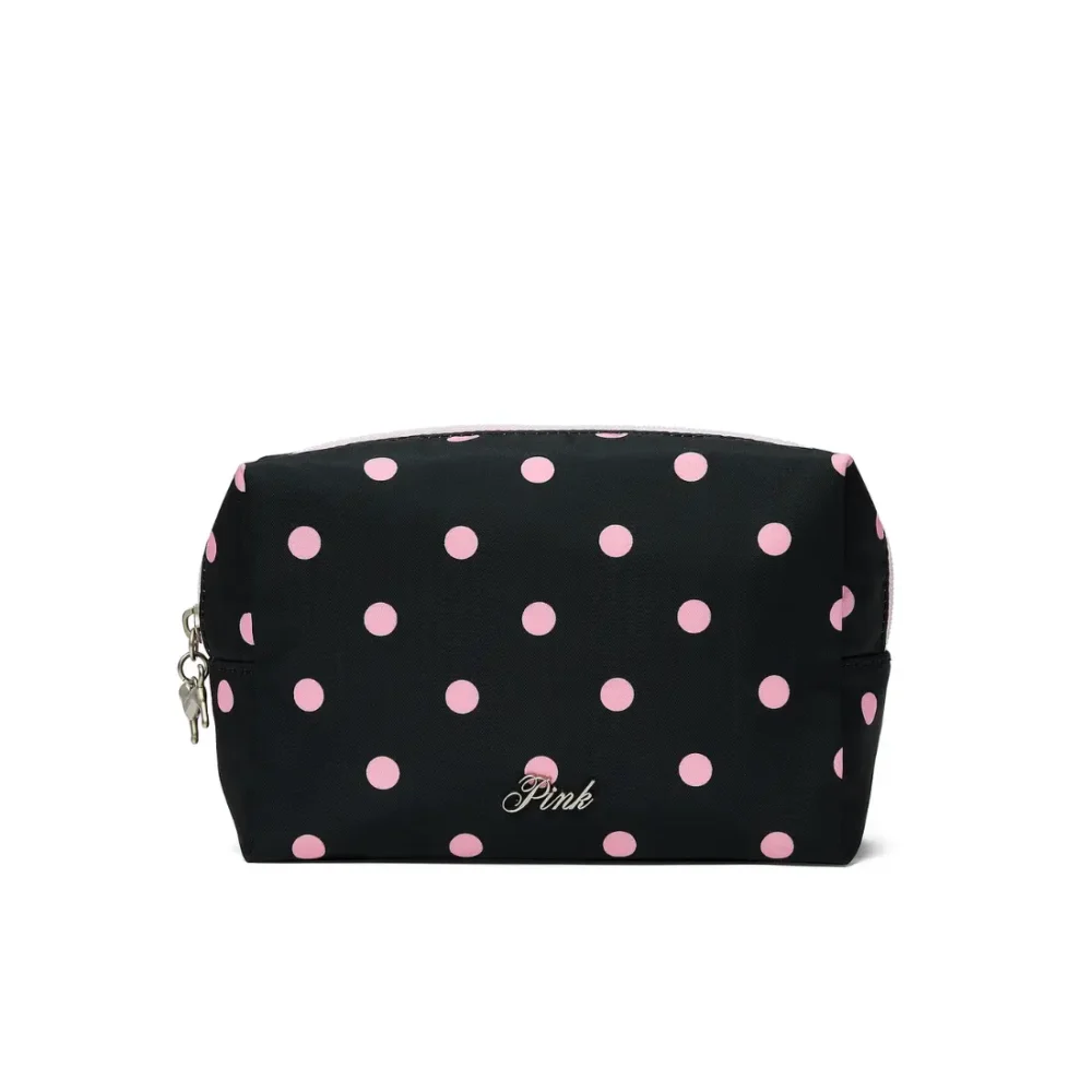 Чорна косметичка в рожевий горошок PINK Victoria's Secret Top-Zip Makeup Bag Black Dot вид спереду