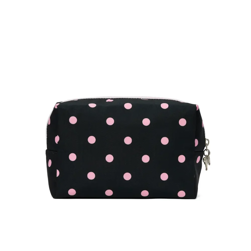 Чорна косметичка в рожевий горошок PINK Victoria's Secret Top-Zip Makeup Bag Black Dot вид ззаду