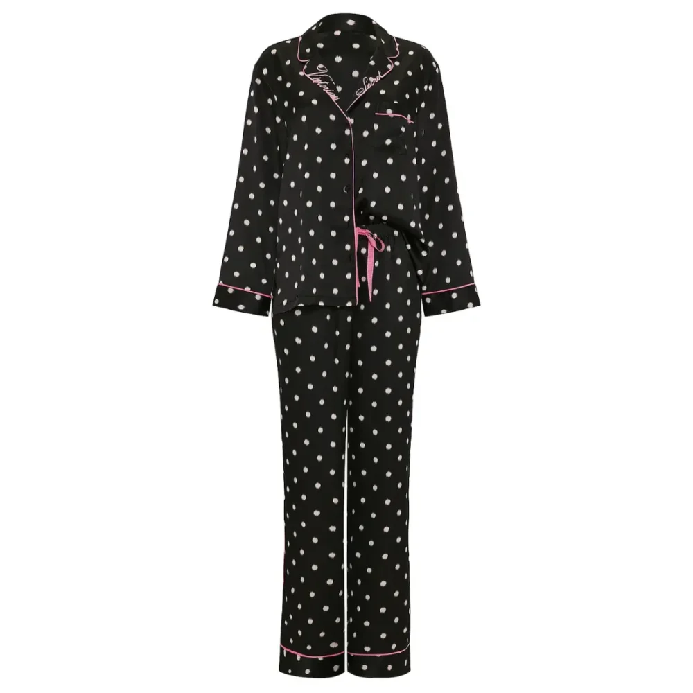 Шовковиста піжама в горошок Victoria's Secret Signature Satin Long Pajama Set Black Ikat Dots